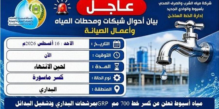 انقطاع المياه بالبداري في أسيوط بسبب كسر خط رئيسي